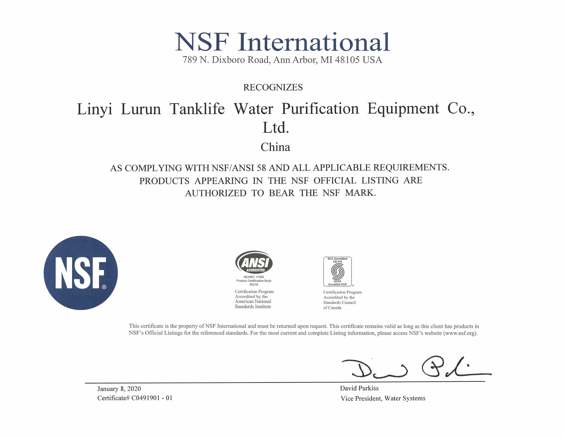 NSF Sertifikası — C0491901